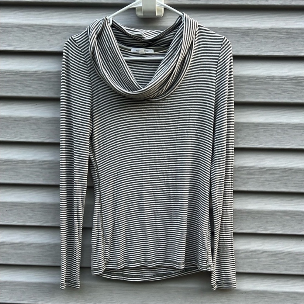 Anthropologie Pure + Good Green Ivory Stripe Long Sleeve Cowl Neck Top Small